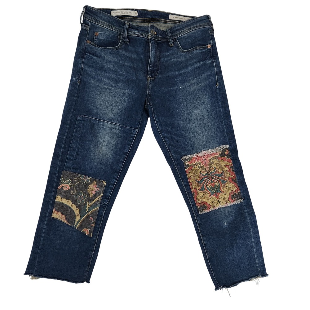 Pilcro Anthropologie Slim Boyfriend Jeans Tapestry Patch Raw Hem Dark Wash 28